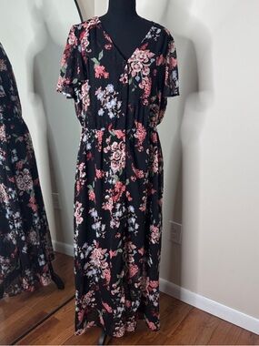 Lane Bryant Floral Sheer Button Down Midi Dress Black Pink Size 18